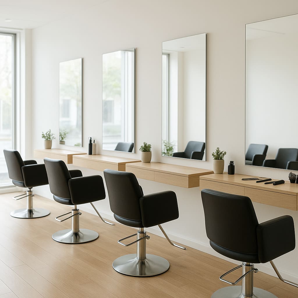 Moderner heller Saloninnenraum mit Stylingplätzen