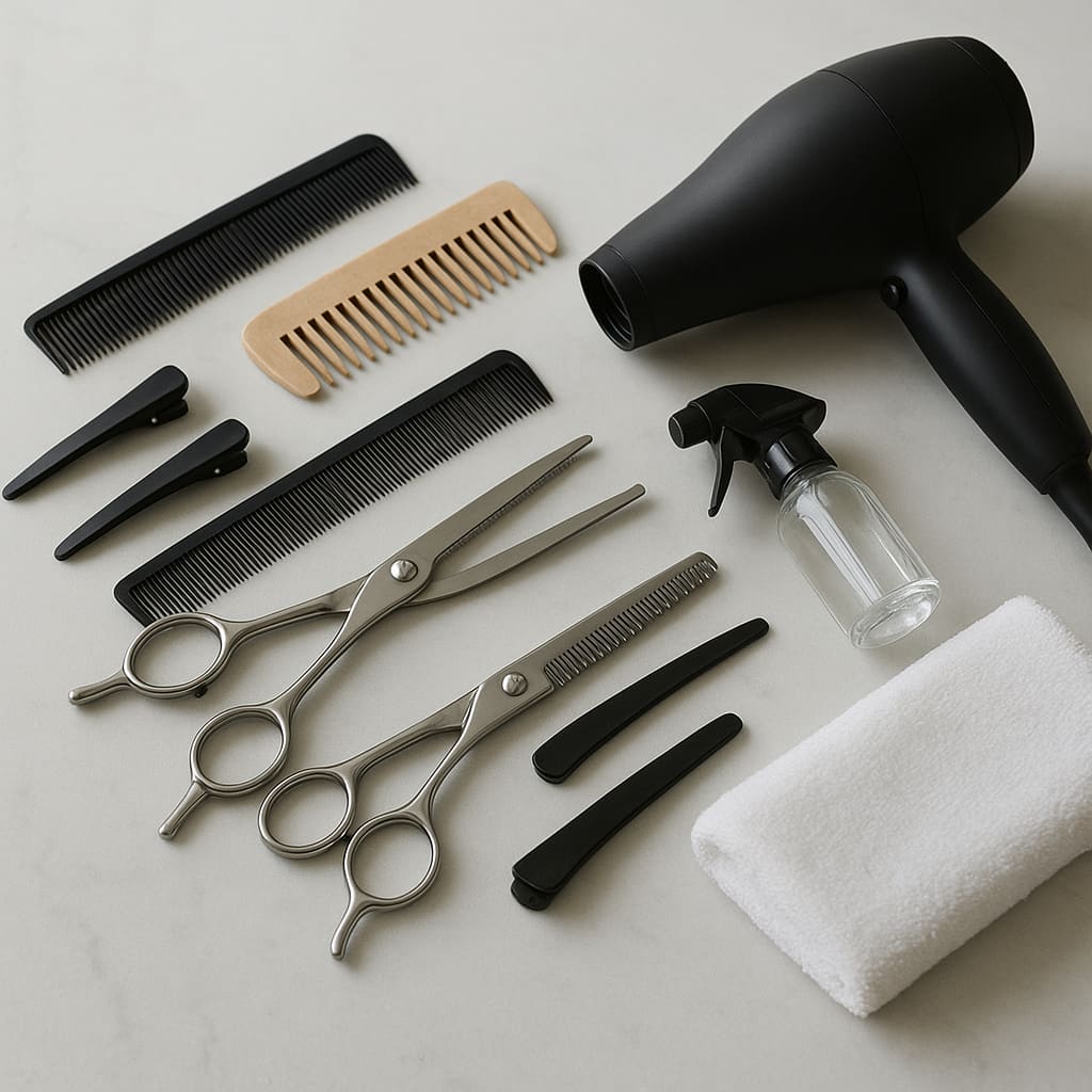 Friseurwerkzeuge auf aufgeräumter Arbeitsfläche